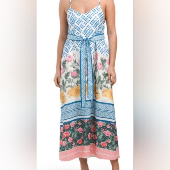 Dalia Macphee Dresses & Skirts - NWT - Dalia MacPhee Multi Floral Tie Shoulder Belted Waist Midi Dress - Size L